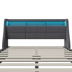 Lit coffre 140x200 cm, avec rangement hydraulique, LED multicolore, USB et tête de lit avec prise, Gris><noscript><img width=