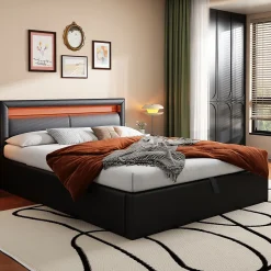 Okwish Lit Coffre 140x190 cm - Capitonné avec LED Multicolores et Rangement - Simili Cuir Noir - Sans Matelas* Lit Coffre