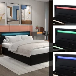 Okwish Lit Coffre 140x190 cm - Capitonné avec LED Multicolores et Rangement - Simili Cuir Noir - Sans Matelas* Lit Coffre