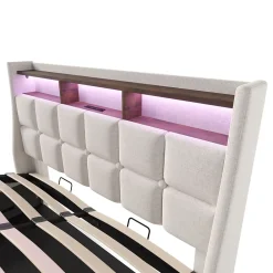 Okwish Lit coffre 160x200 cm - Lit ados avec USB et LED - Lin - Sans Matelas - Beige* Lit Coffre