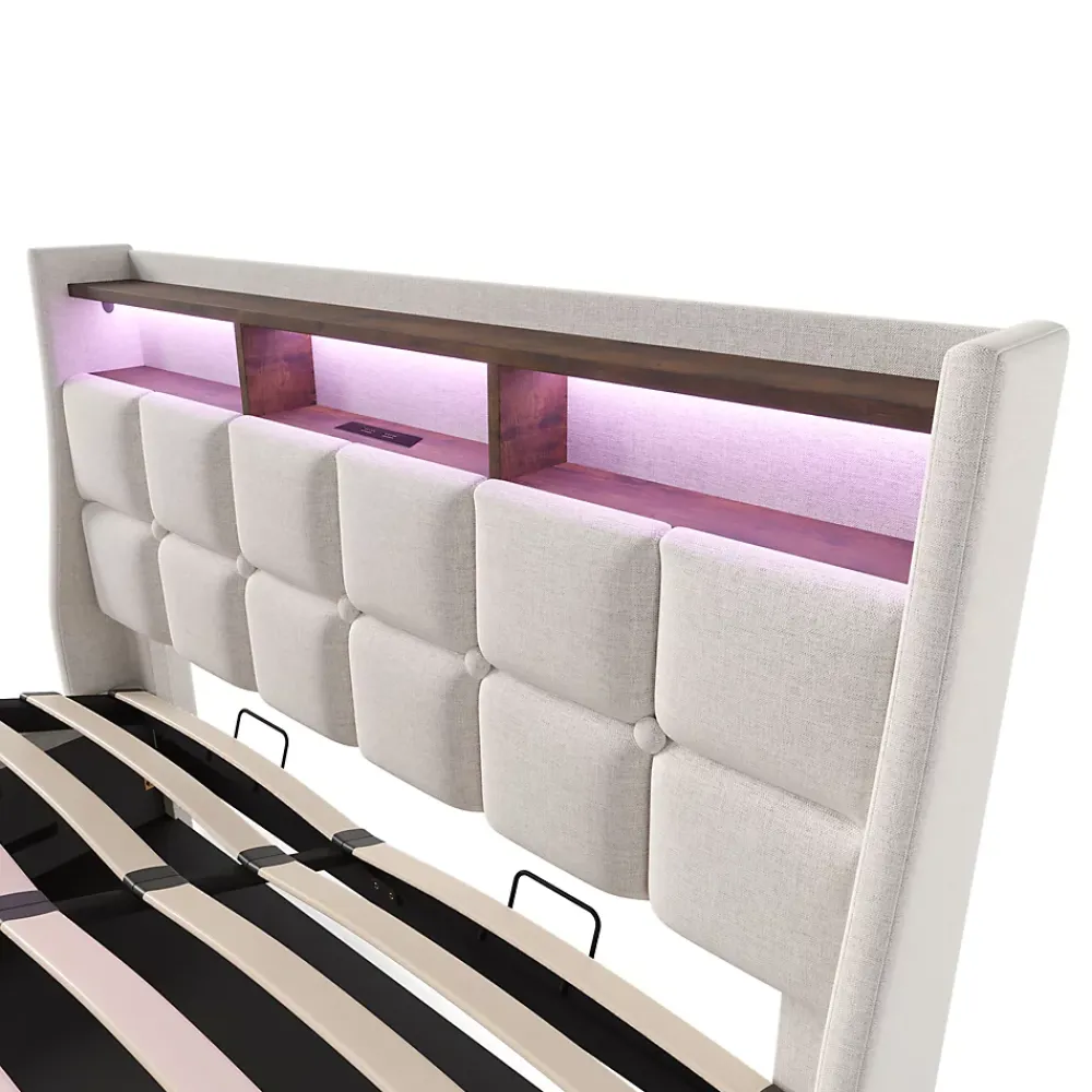 Okwish Lit coffre 160x200 cm - Lit ados avec USB et LED - Lin - Sans Matelas - Beige* Lit Coffre