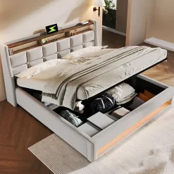 Okwish Lit coffre 160x200 cm - Lit ados avec USB et LED - Lin - Sans Matelas - Beige* Lit Coffre
