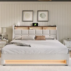 Lit coffre 180x200 cm - Lit ados avec USB et LED - Lin - Sans Matelas - Beige>Okwish Discount