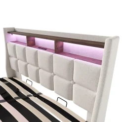 Lit coffre 180x200 cm - Lit ados avec USB et LED - Lin - Sans Matelas - Beige><noscript><img width=