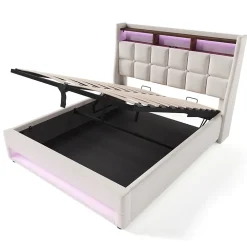 Lit coffre 180x200 cm - Lit ados avec USB et LED - Lin - Sans Matelas - Beige><noscript><img width=