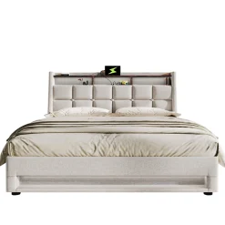 Lit coffre 180x200 cm - Lit ados avec USB et LED - Lin - Sans Matelas - Beige><noscript><img width=