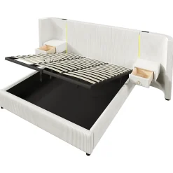 Okwish Lit Coffre 180x200 cm - Lit Adulte avec LED et 2 Tiroirs - Velours + MDF - Sans Matelas - Beige* Lit Coffre