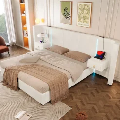 Okwish Lit Coffre 180x200 cm - Lit Adulte avec LED et 2 Tiroirs - Velours + MDF - Sans Matelas - Beige* Lit Coffre