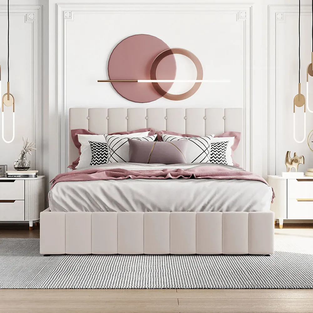 Lit Coffre 140x200 cm - Lit avec Rangement Intégré et Mécanisme Hydraulique, en Velours Blanc, Sans Matelas>Okwish Best