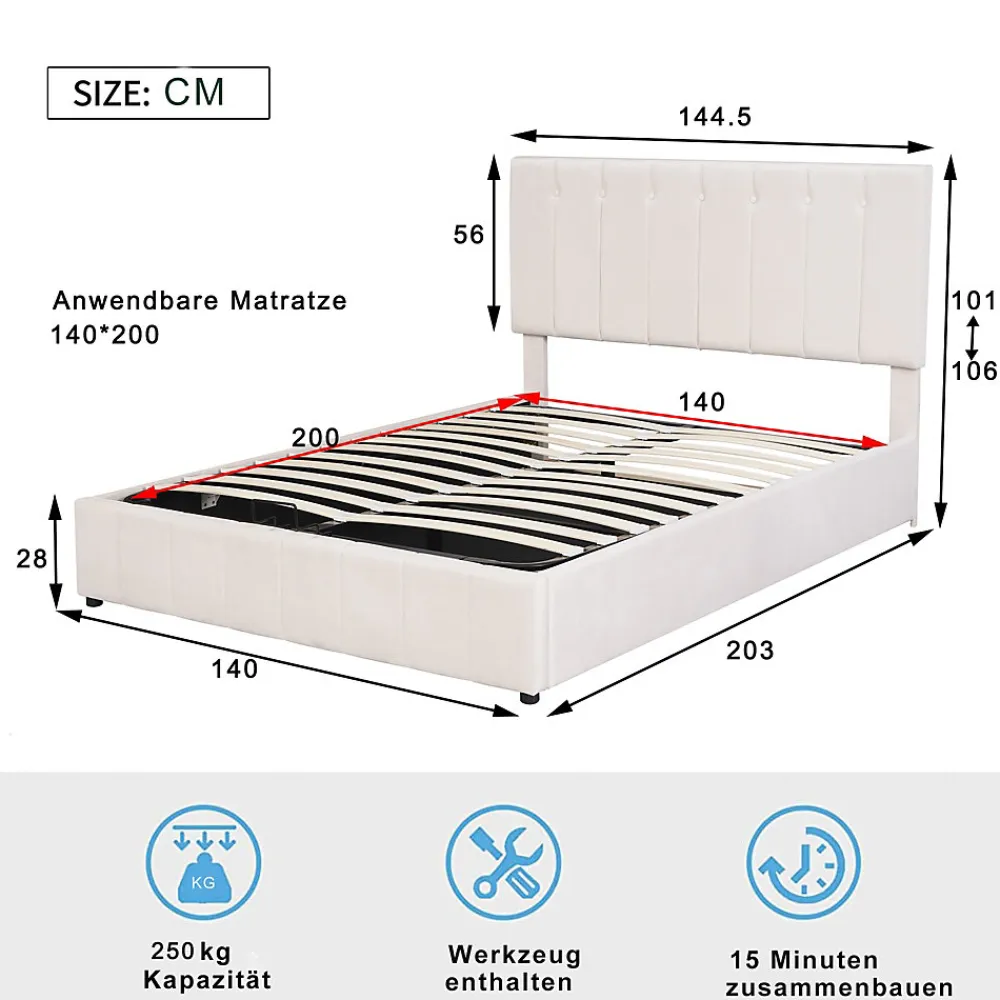 Lit Coffre 140x200 cm - Lit avec Rangement Intégré et Mécanisme Hydraulique, en Velours Blanc, Sans Matelas>Okwish Best