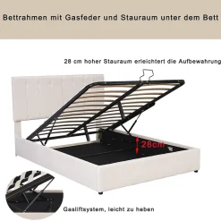 Lit Coffre 140x200 cm - Lit avec Rangement Intégré et Mécanisme Hydraulique, en Velours Blanc, Sans Matelas><noscript><img width=