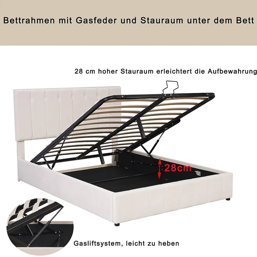 Lit Coffre 140x200 cm - Lit avec Rangement Intégré et Mécanisme Hydraulique, en Velours Blanc, Sans Matelas>Okwish Best