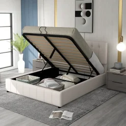 Lit Coffre 140x200 cm - Lit avec Rangement Intégré et Mécanisme Hydraulique, en Velours Blanc, Sans Matelas><noscript><img width=