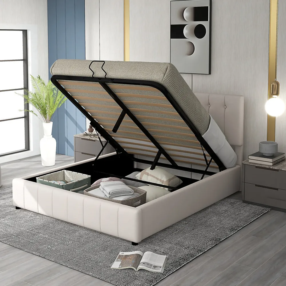Lit Coffre 140x200 cm - Lit avec Rangement Intégré et Mécanisme Hydraulique, en Velours Blanc, Sans Matelas>Okwish Best