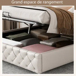 Lit Coffre 140x190 cm - Lit Capitonné avec Rangement et LED, Sommier à Lattes Inclus, Simili Cuir - sans Matelas - Blanc><noscript><img width=