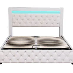 Lit Coffre 140x190 cm - Lit Capitonné avec Rangement et LED, Sommier à Lattes Inclus, Simili Cuir - sans Matelas - Blanc><noscript><img width=