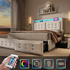 Lit coffre 160x200 cm - Lit capitonné double avec 4 tiroirs et USB-C - Coton - Sans Matelas - Beige><noscript><img width=