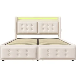 Lit coffre 160x200 cm - Lit capitonné double avec 4 tiroirs et USB-C - Coton - Sans Matelas - Beige><noscript><img width=