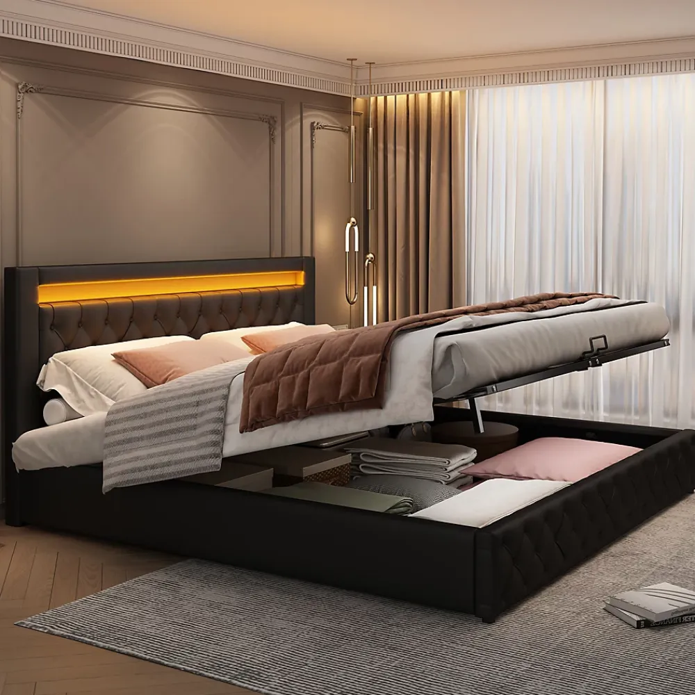Okwish Lit Coffre 140x190 cm - Lit Capitonné avec Rangement et LED, Sommier à Lattes Inclus, Simili Cuir - sans Matelas - Noir* Lit Coffre