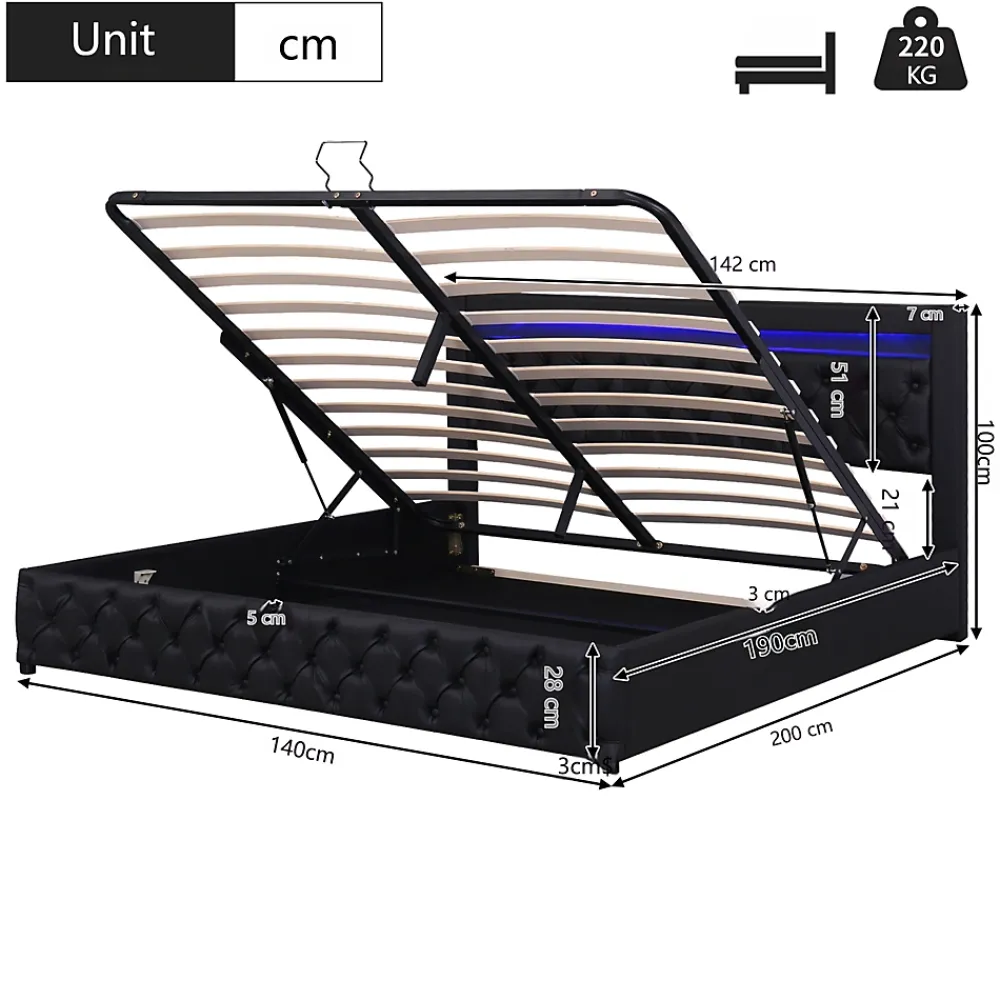 Okwish Lit Coffre 140x190 cm - Lit Capitonné avec Rangement et LED, Sommier à Lattes Inclus, Simili Cuir - sans Matelas - Noir* Lit Coffre