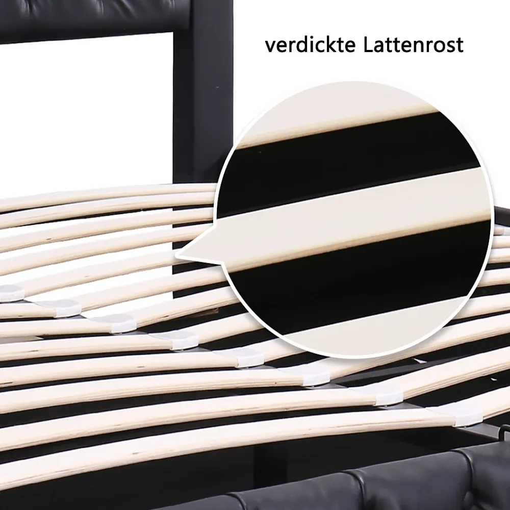Okwish Lit Coffre 140x190 cm - Lit Capitonné avec Rangement et LED, Sommier à Lattes Inclus, Simili Cuir - sans Matelas - Noir* Lit Coffre