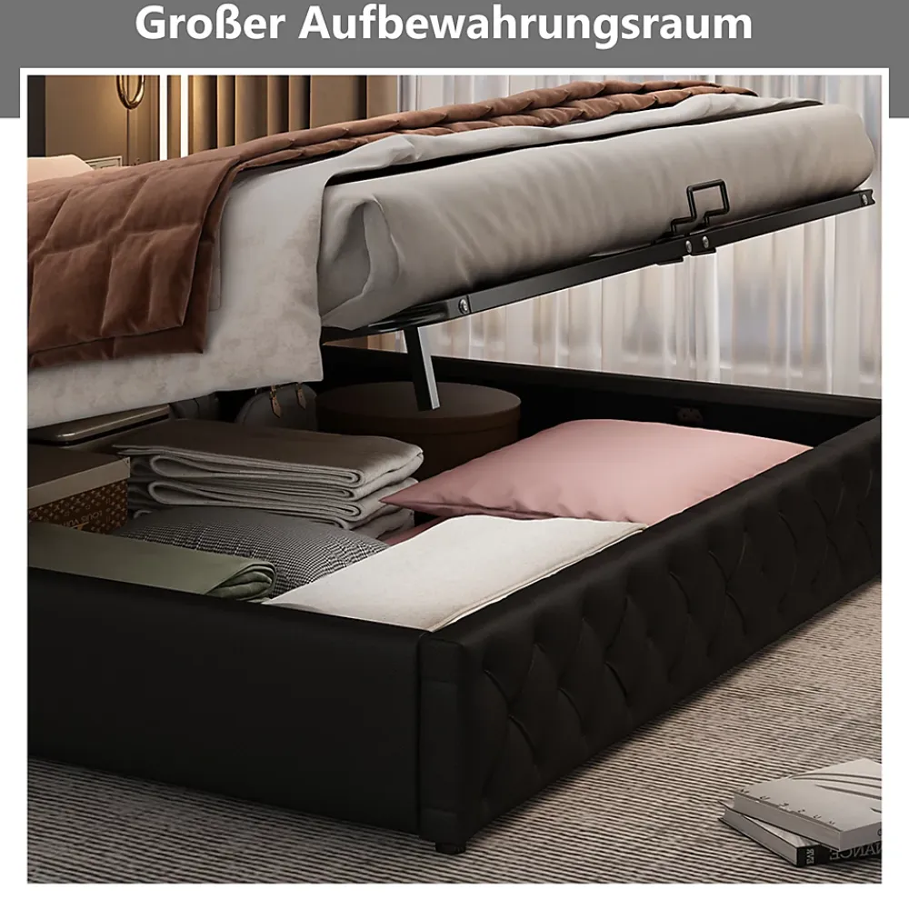 Okwish Lit Coffre 140x190 cm - Lit Capitonné avec Rangement et LED, Sommier à Lattes Inclus, Simili Cuir - sans Matelas - Noir* Lit Coffre