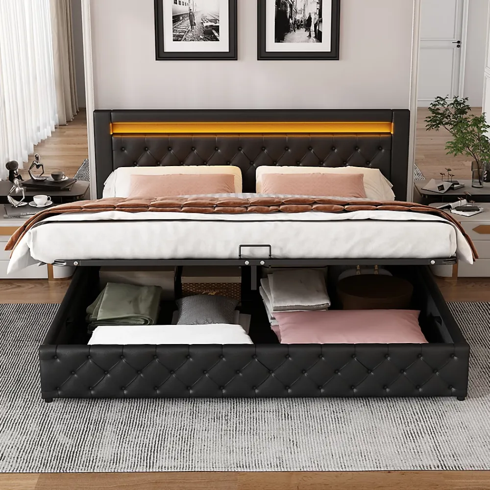 Okwish Lit Coffre 140x190 cm - Lit Capitonné avec Rangement et LED, Sommier à Lattes Inclus, Simili Cuir - sans Matelas - Noir* Lit Coffre
