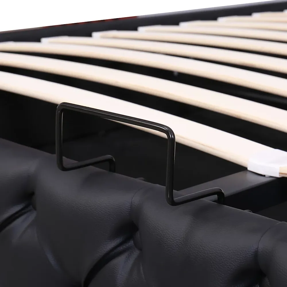 Okwish Lit Coffre 140x190 cm - Lit Capitonné avec Rangement et LED, Sommier à Lattes Inclus, Simili Cuir - sans Matelas - Noir* Lit Coffre