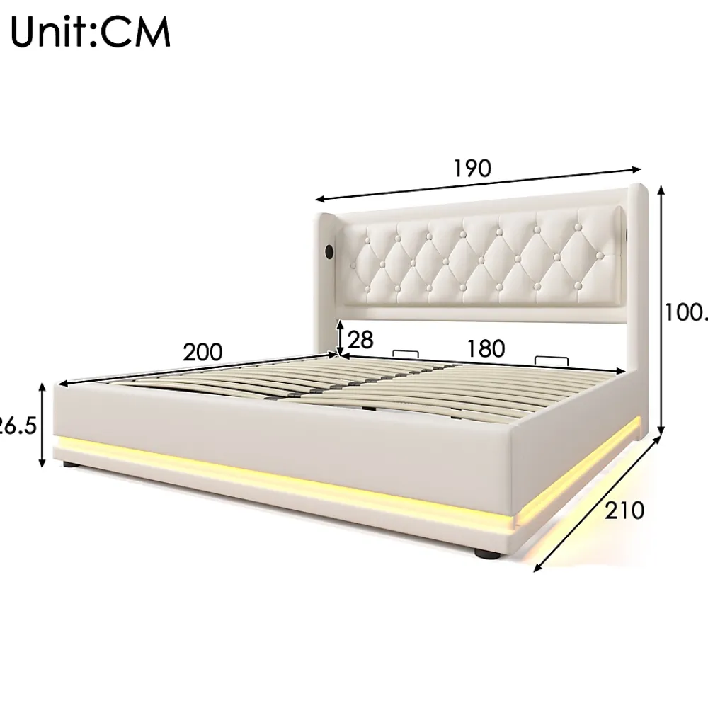 Okwish Lit coffre 180x200 cm - Lit coffre hydraulique avec USB Type-C et LED - PU - Sans Matelas - Blanc* Lit Coffre