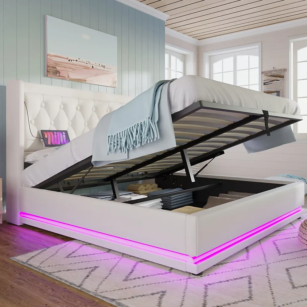 Okwish Lit coffre 180x200 cm - Lit coffre hydraulique avec USB Type-C et LED - PU - Sans Matelas - Blanc* Lit Coffre