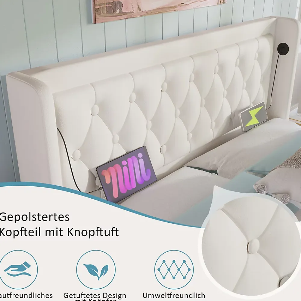 Okwish Lit coffre 180x200 cm - Lit coffre hydraulique avec USB Type-C et LED - PU - Sans Matelas - Blanc* Lit Coffre