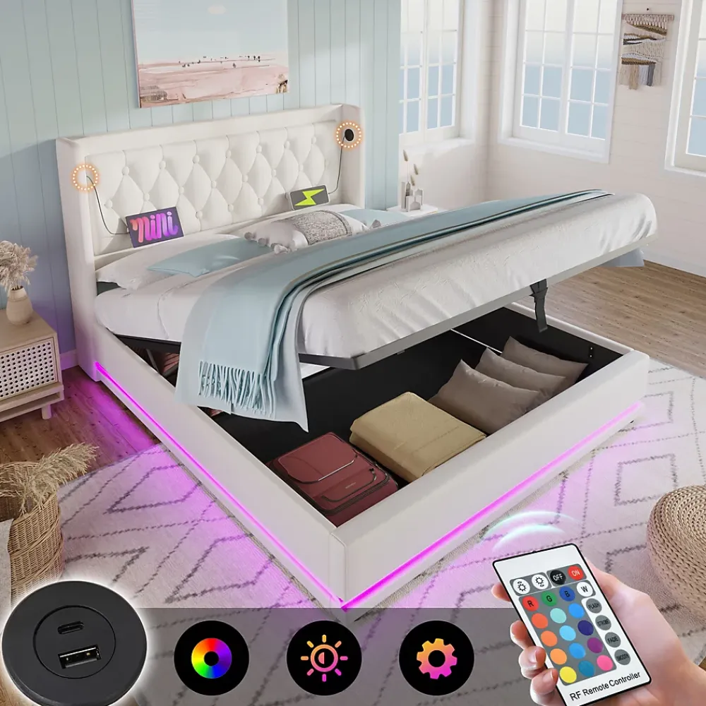 Okwish Lit coffre 180x200 cm - Lit coffre hydraulique avec USB Type-C et LED - PU - Sans Matelas - Blanc* Lit Coffre