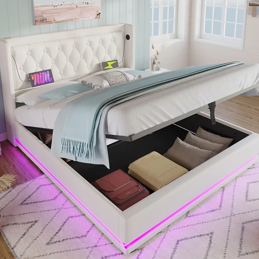 Okwish Lit coffre 180x200 cm - Lit coffre hydraulique avec USB Type-C et LED - PU - Sans Matelas - Blanc* Lit Coffre