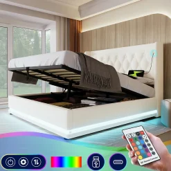 Okwish Lit coffre 180x200 cm - Lit coffre hydraulique avec USB Type-C et LED - PU - Sans Matelas - Blanc* Lit Coffre