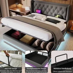 Okwish Lit coffre 160x200 cm - Lit coffre hydraulique avec USB Type-C - Coton - Sans Matelas - Gris* Lit Coffre
