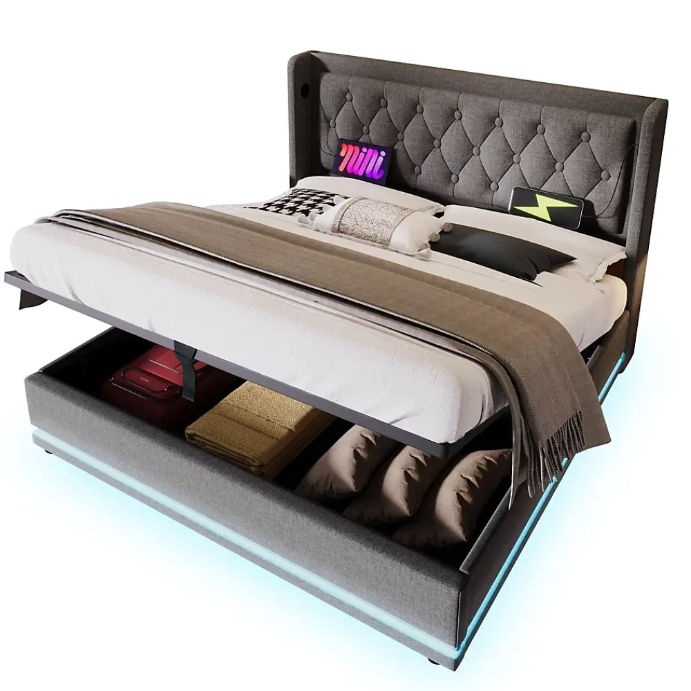 Okwish Lit coffre 160x200 cm - Lit coffre hydraulique avec USB Type-C - Coton - Sans Matelas - Gris* Lit Coffre