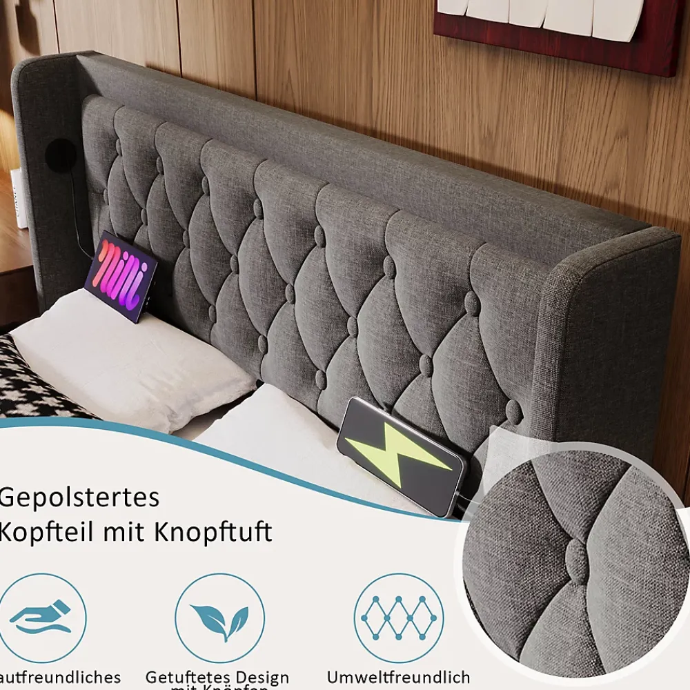 Okwish Lit coffre 160x200 cm - Lit coffre hydraulique avec USB Type-C - Coton - Sans Matelas - Gris* Lit Coffre