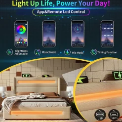 Okwish Lit coffre 140x200 cm - Lit coffre double avec Rangement Hydraulique, Éclairage LED et USB Type-C, Velours Beige, Matelas Inclus* Ensemble Sommier Et Matelas