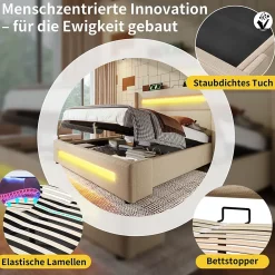 Okwish Lit coffre 140x200 cm - Lit coffre double avec Rangement Hydraulique, Éclairage LED et USB Type-C, Velours Beige, Matelas Inclus* Ensemble Sommier Et Matelas
