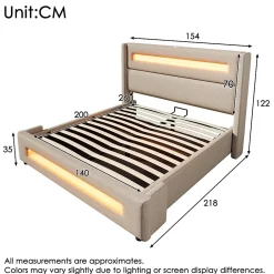 Okwish Lit coffre 140x200 cm - Lit coffre double avec Rangement Hydraulique, Éclairage LED et USB Type-C, Velours Beige, Matelas Inclus* Ensemble Sommier Et Matelas