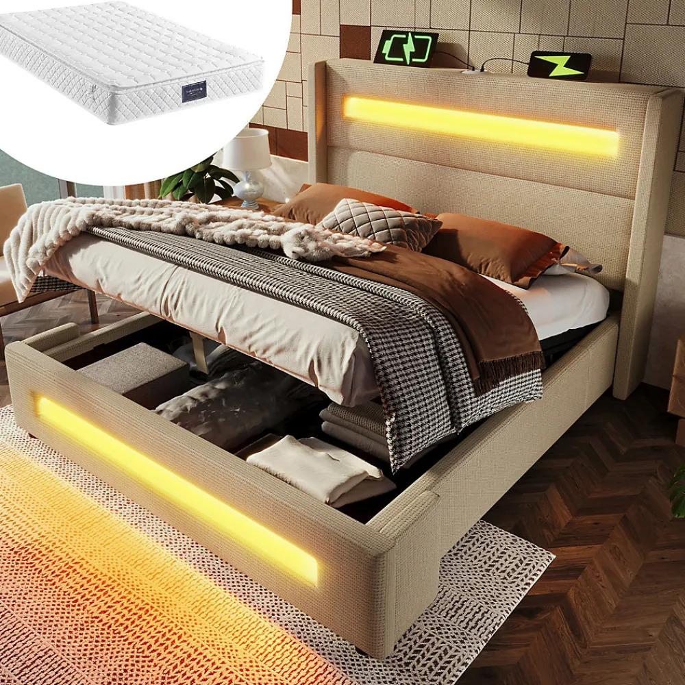 Okwish Lit coffre 140x200 cm - Lit coffre double avec Rangement Hydraulique, Éclairage LED et USB Type-C, Velours Beige, Matelas Inclus* Ensemble Sommier Et Matelas
