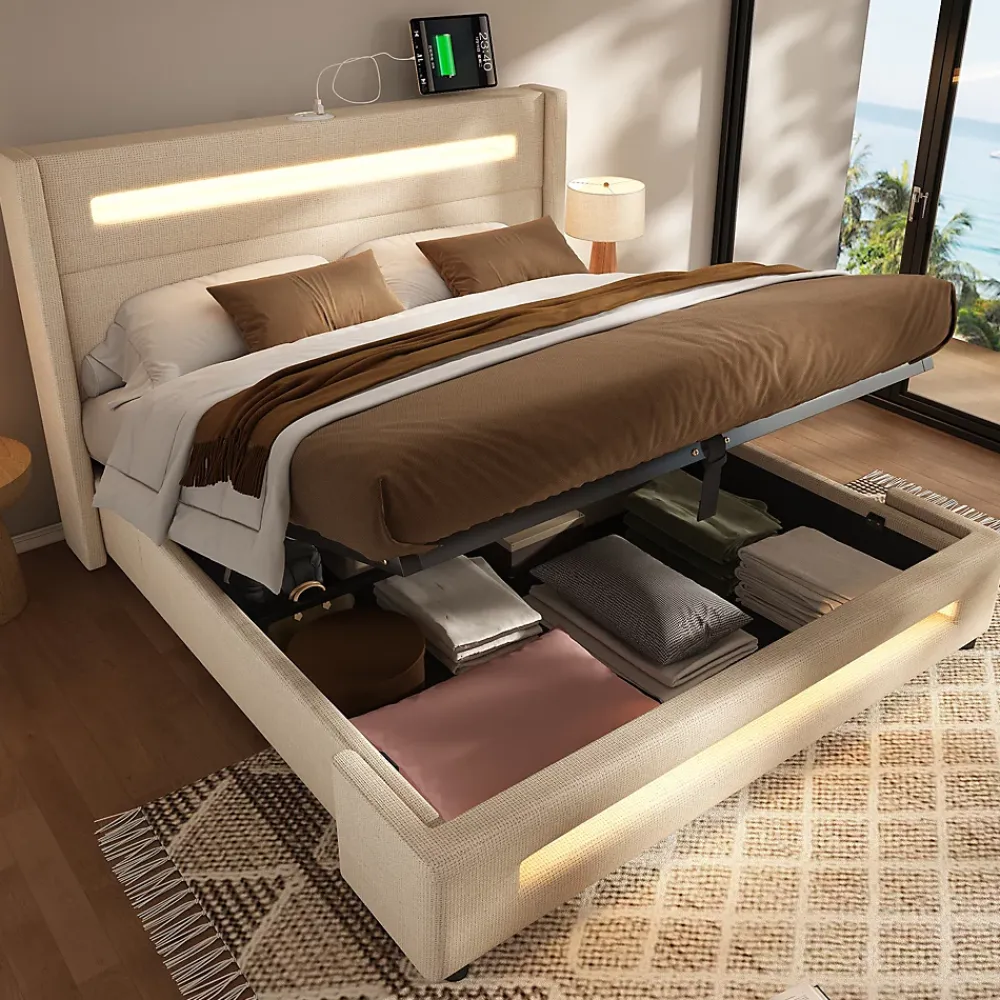 Okwish Lit coffre 140x200 cm - Lit coffre double avec Rangement Hydraulique, Éclairage LED et USB Type-C, Velours Beige, Matelas Inclus* Ensemble Sommier Et Matelas