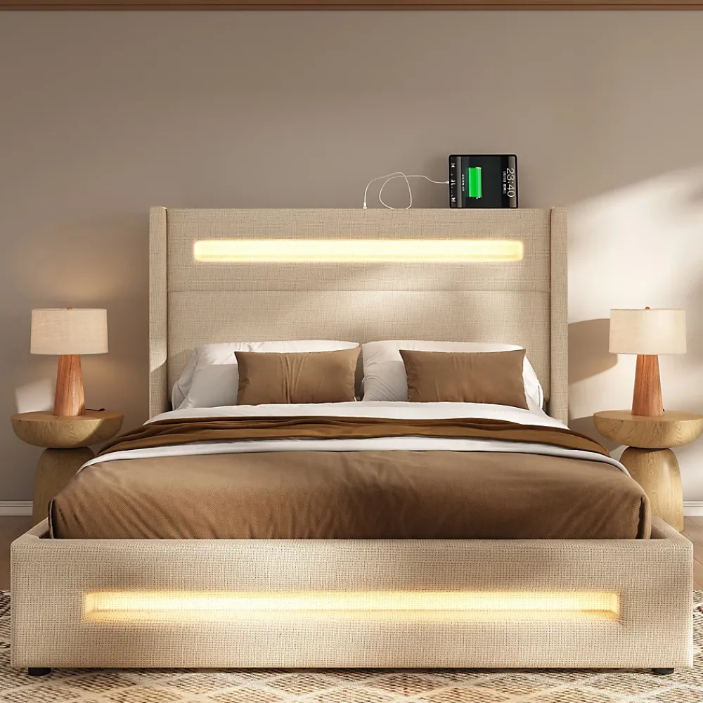 Okwish Lit coffre 140x200 cm - Lit coffre double avec Rangement Hydraulique, Éclairage LED et USB Type-C, Velours Beige, Matelas Inclus* Ensemble Sommier Et Matelas