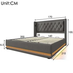 Okwish Lit coffre 160x200 cm - Lit coffre hydraulique avec USB Type-C et LED - Coton - avec Matelas - Gris* Lit Coffre
