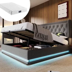 Okwish Lit coffre 160x200 cm - Lit coffre hydraulique avec USB Type-C et LED - Coton - avec Matelas - Gris* Lit Coffre