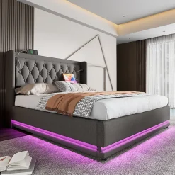 Okwish Lit coffre 160x200 cm - Lit coffre hydraulique avec USB Type-C et LED - Coton - avec Matelas - Gris* Lit Coffre