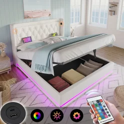 Lit coffre 160x200 cm - Lit coffre hydraulique avec USB Type-C et LED - PU - Sans Matelas - Blanc><noscript><img width=