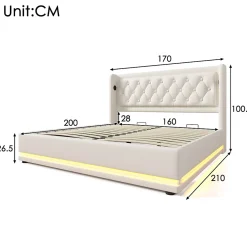Lit coffre 160x200 cm - Lit coffre hydraulique avec USB Type-C et LED - PU - Sans Matelas - Blanc><noscript><img width=