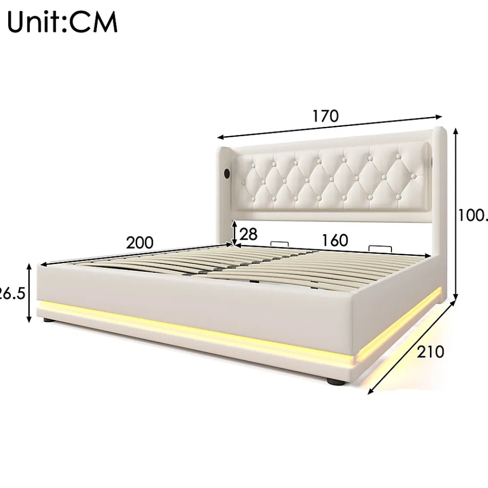 Lit coffre 160x200 cm - Lit coffre hydraulique avec USB Type-C et LED - PU - Sans Matelas - Blanc>Okwish New