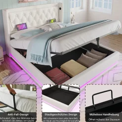 Lit coffre 160x200 cm - Lit coffre hydraulique avec USB Type-C et LED - PU - Sans Matelas - Blanc><noscript><img width=